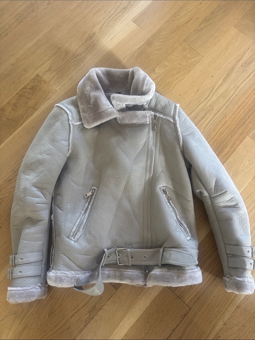 Love Token Light Gray Faux Shearling Bomber Jacket
